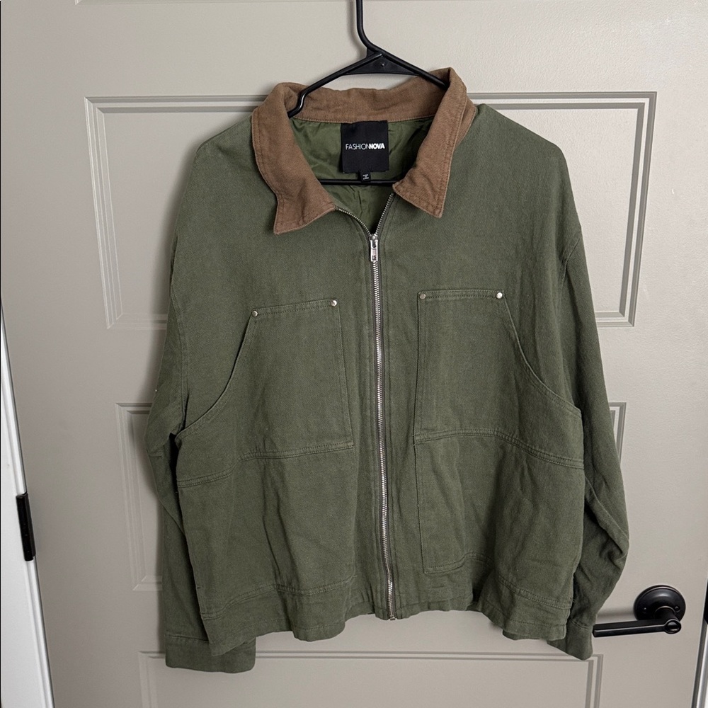 Fashion Nova Green Jacket with Brown Collar